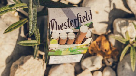 Foto de Paquete de cigarritos Chesterfield en medio de piedras y plantas, vista de alto ángulo, macro primer plano - Imagen libre de derechos