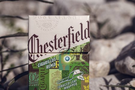 Foto de Paquete de cigarritos Chesterfield contra fondo desenfocado, macro primer plano - Imagen libre de derechos