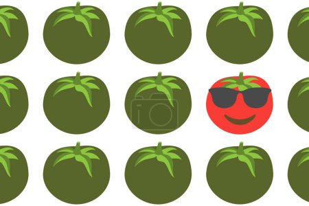 Ilustración de Tomates verdes y un tomate rojo sonriente con gafas de sol, patrón concepto emoji sobre fondo blanco, ilustración vectorial - Imagen libre de derechos