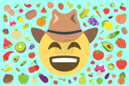 Téléchargez les illustrations : Emoji visage heureux avec chapeau de cow-boy au milieu de fruits et légumes motif sur fond bleu clair, illustration vectorielle concept - en licence libre de droit
