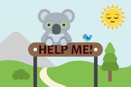 Ilustración de Koala en el letrero con texto me ayudan y el sol pensativo en el paisaje del parque nacional, ilustración vectorial - Imagen libre de derechos