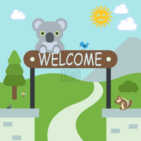 Illustration for Koala on signboard with text welcome and other animals and smiling sun in national park landscape - Royalty Free Image