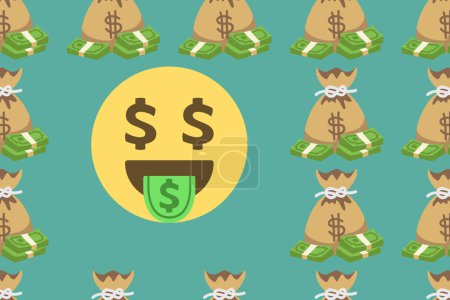 Illustration for Money face emoji amid dollars bags on light blue background copy space,rich,oligarch,wealth,luxury,concept vector illustration - Royalty Free Image