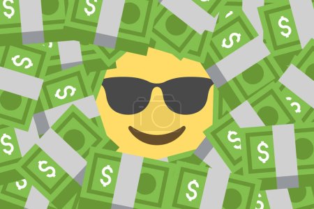 Illustration for Cool face emoji amid heap of dollars banknotes,rich,wealth,oligarch,concept vector illustration - Royalty Free Image