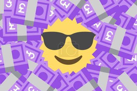 Illustration for Cool face emoji amid heap of pounds banknotes,rich,wealth,luxury,oligarch,concept vector illustration - Royalty Free Image