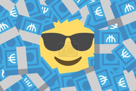 Illustration for Cool face emoji amid heap of euro banknotes,Russian oligarch,rich,wealth,luxury,concept vector illustration - Royalty Free Image