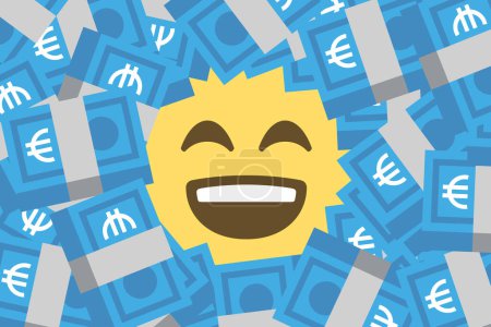 Illustration for Happy face emoji amid heap of euro banknotes,rich,wealth,luxury,oligarchs,concept vector illustration - Royalty Free Image