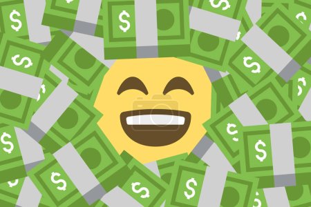 Illustration for Happy face emoji amid heap of dollars banknotes,rich,wealth,oligarchs,concept vector illustration - Royalty Free Image
