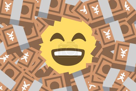 Illustration for Happy face emoji amid heap of yen banknotes,rich,wealth,luxury,oligarchs,concept vector illustration - Royalty Free Image