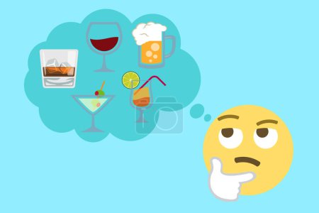 Illustration for Thinking face emoji and thought bubble with beer mug,tropical drink,cocktail,wine and tumbler glass on light blue background - Royalty Free Image