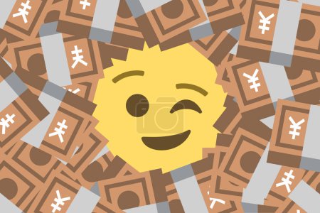 Illustration for Winking face emoji amid heap of yen banknotes,rich,wealth,luxury,oligarchs,concept vector illustration - Royalty Free Image