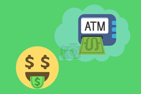 Illustration for Money face emoji and thought bubble with ATM on green background,oligarch,rich,luxury,wealth,concept vector illustration - Royalty Free Image
