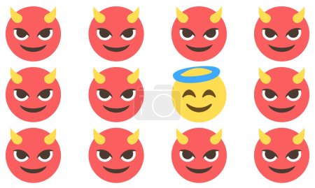 Illustration for Smiling faces with horns and one smiling face with halo,emoji concept pattern on white background,vector illustration - Royalty Free Image