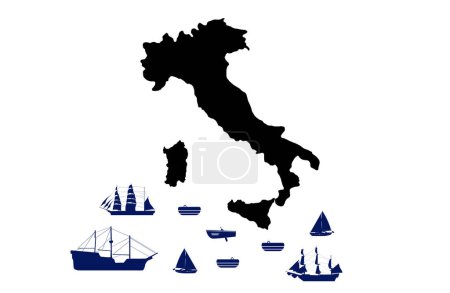 Illustration for Geographic shape of Italy and several boats in the south on white background,concept of Lampedusa immigration or travel,vector illustration - Royalty Free Image