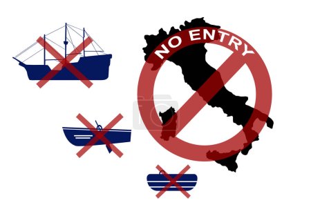 Illustration for Prohibition sign with no entry text against italy shape and boat icons with red x signs,concept of Lampedusa immigration or law restrictions,vector illustration - Royalty Free Image