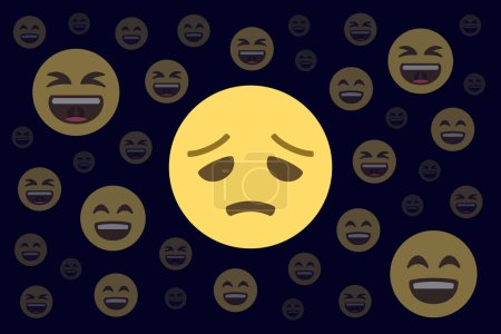 disappointed face surrounded by laughing faces in the darkness,mock,scoff,deride,concept vector illustration