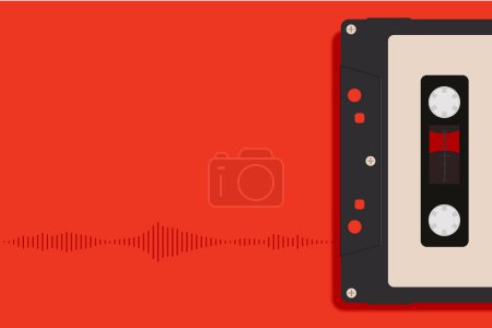 Audiokassette auf rotem Hintergrund mit Tonspur mit Platz für Text. Vektor