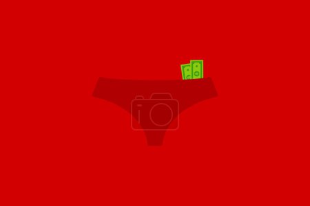 Intim für Geld. Rote Unterwäsche mit verstecktem Geld auf knallrotem Hintergrund. Kann verwendet werden, um Prostitution, Handel mit dem eigenen Körper zu veranschaulichen