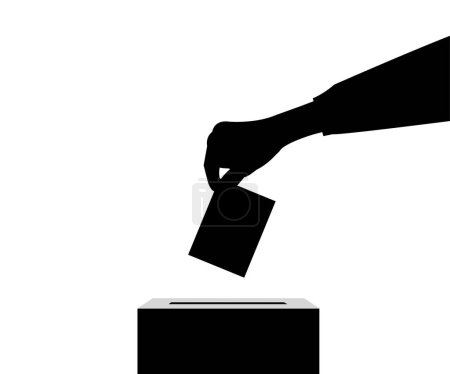 Wahlprozess. Wer wählt, wirft einen Stimmzettel in die Wahlurne. Silhouette von Hand und Wahlurne