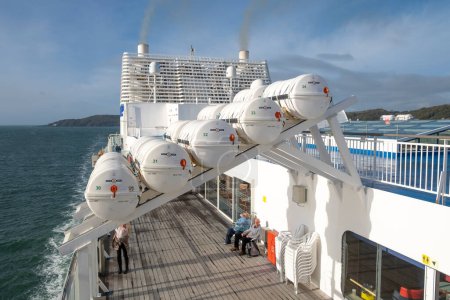 Photo for Santander, Spain. 28th October 2022. Emergency life rafts in their protective cannisters stowed onboard the Brittany Ferries Pont Aven cruise ship. - Royalty Free Image