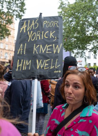 Photo for London, UK. 21st July 2023. Signs held by Equity members at the Equity Union rally, London, in solidarity with SAG-AFTRA actors strike in USA, for fair pay, residual payments and issues on A.I. - Royalty Free Image
