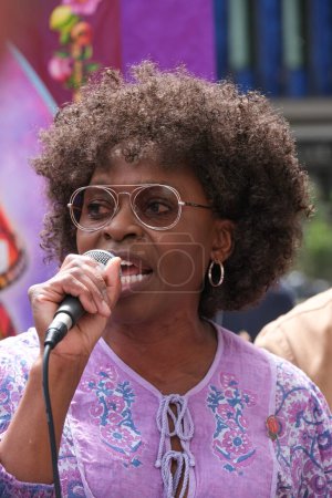 Photo for London, UK. 21st July 2023. Actress Rakie Ayola speaking at the Equity Union rally, London, in solidarity with SAG-AFTRA actors strike in America, for fair pay, residual payments and issues on A.I. - Royalty Free Image