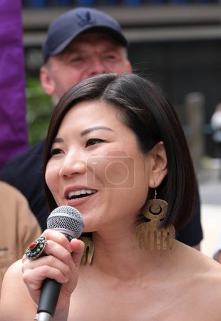 Photo for London, UK. 21st July 2023. Actor Rebecca Yeo at the Equity Union rally, London, standing in solidarity with SAG-AFTRA actors strike in America, for fair pay, residual payments and issues on A.I. - Royalty Free Image