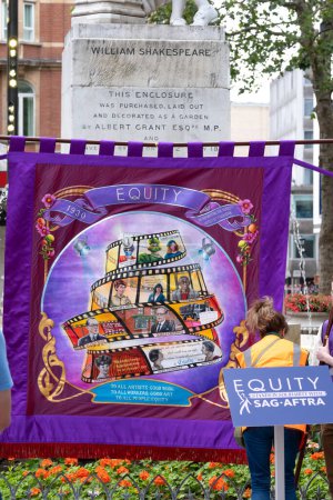 Photo for London, UK. 21st July 2023. The main banner at the Equity Union rally, London, standing in solidarity with SAG-AFTRA actors strike in America, for fair pay, residual payments and issues on A.I. - Royalty Free Image