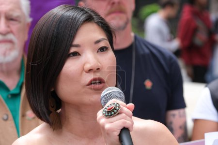 Photo for London, UK. 21st July 2023. Actor Rebecca Yeo at the Equity Union rally, London, standing in solidarity with SAG-AFTRA actors strike in America, for fair pay, residual payments and issues on A.I. - Royalty Free Image