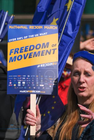 Photo for London, UK. 23rd September 2023. Pro-EU supporter holding protest sign at the anti-Brexit National Rejoin March rally in London, calling for the United Kingdom to rejoin the European Union. - Royalty Free Image