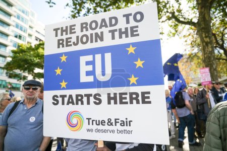 Photo for London, UK. 23rd September 2023. Pro-EU campaign protest sign placard at the anti-Brexit National Rejoin March rally in London, calling for the United Kingdom to rejoin the European Union. - Royalty Free Image