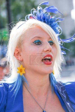 Photo for London, UK. 23rd September 2023. Pro-EU supporter and artist  Madeleina Kay, at the anti-Brexit National Rejoin March rally in London, calling for the United Kingdom to rejoin the European Union. - Royalty Free Image
