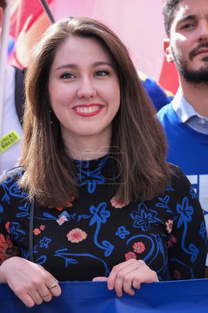 Photo for London, UK. 23rd September 2023. Pro-EU supporter Stella Mavropoulou at the anti-Brexit National Rejoin March rally in London, calling for the United Kingdom to rejoin the European Union. - Royalty Free Image