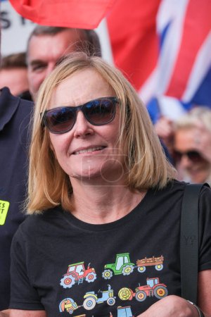 Photo for London, UK. 23rd September 2023. Pro-EU Save British Farming founder Liz Webster at the anti-Brexit National Rejoin March rally in London, calling for the United Kingdom to rejoin the European Union. - Royalty Free Image