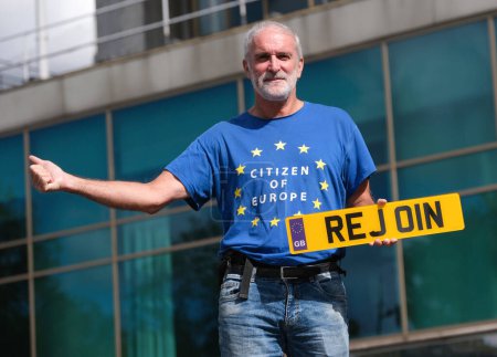 Photo for London, UK. 23rd September 2023. Pro-EU supporter at the anti-Brexit National Rejoin March rally in London, calling for the United Kingdom to rejoin the European Union. - Royalty Free Image
