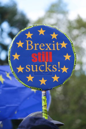 Photo for London, UK. 23rd September 2023. Pro-EU campaign protest signs and placards at the anti-Brexit National Rejoin March rally in London, calling for the United Kingdom to rejoin the European Union. - Royalty Free Image
