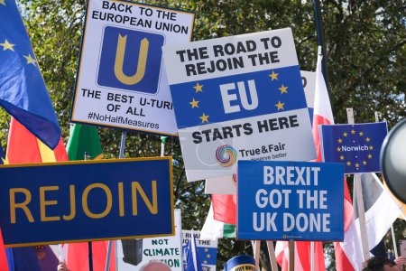 Photo for London, UK. 23rd September 2023. Pro-EU campaign protest signs and placards at the anti-Brexit National Rejoin March rally in London, calling for the United Kingdom to rejoin the European Union. - Royalty Free Image