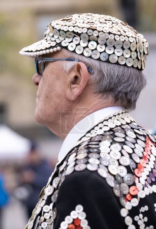 Photo for Trafalgar Square, London, UK. 24th April 2024. John Walters the Pearly King of Finsbury, at the Saint George's Day celebrations held in Trafalgar Square, London. - Royalty Free Image