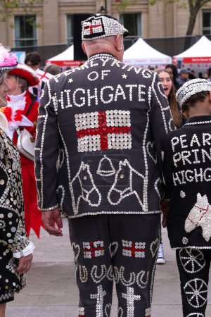 Photo for Trafalgar Square, London, UK. 24th April 2024. Terry Scott the Pearly King of Highgate, enjoying the festivities at the Saint George's Day celebration in Trafalgar Square, London, UK. - Royalty Free Image