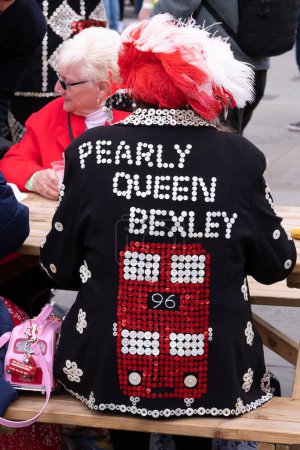 Photo for Trafalgar Square, London, UK. 24th April 2024. The Pearly Queen of Bexley, enjoying the festivities at the Saint George's Day celebration held in Trafalgar Square, London. - Royalty Free Image