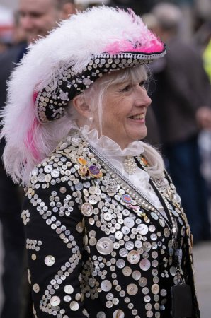 Photo for Trafalgar Square, London, UK. 24th April 2024. The Pearly Queen of Silvertown, enjoying the festivities at the Saint George's Day celebration held in Trafalgar Square, London. - Royalty Free Image