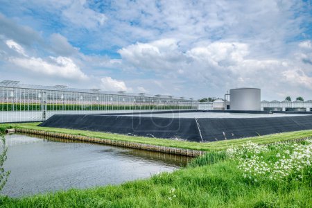 Téléchargez les photos : Perspective view of a modern industrial greenhouse with rainwater harvesting system in the Westland, Netherlands. Westland est une région des Pays-Bas. - en image libre de droit