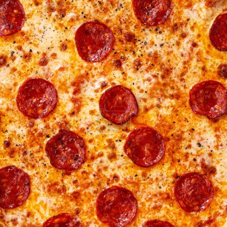 Foto de Primer plano de un relleno de pizza tradicional y textura, salami y queso en la parte superior - Imagen libre de derechos