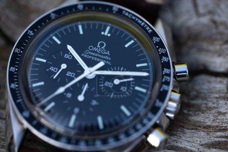 Photo for PEDASO, ITALY - OCTOBER 2020: Omega Speedmaster Professional watch. Omega has been creating watches since the 19th century and was the first watch on the Moon. Illustrative editorial. - Royalty Free Image