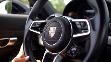 Photo for BOLOGNA, ITALY - AUGUST, 2020: Porsche 718 Cayman interior view. Porsche is a German automobile manufacturer specializing in high-performance sports cars, SUVs and sedans founded in 1931. - Royalty Free Image