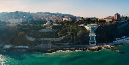 Photo for Aerial panoramic view of the Passetto, a Monument to fallen soldiers of WWII and elevator to the sea. Ancona, Marche Region, Italy. - Royalty Free Image