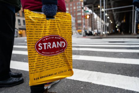 Photo for NEW YORK - FEBRUARY, 2020: Strand plastic bag. The Strand Bookstore is an independent bookstore located at 828 Broadway, at the corner of East 12th Street in the East Village in Manhattan. - Royalty Free Image