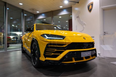 Photo for BOLOGNA, ITALY - MARCH, 2019: Lamborghini Urus Sports car exibition at Bologna Airport. This is the first SUV by the Italian supercar brand. - Royalty Free Image