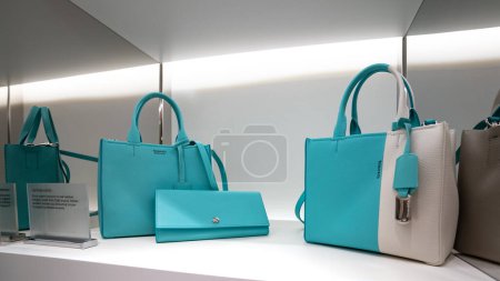 Foto de NUEVA YORK - FEBRERO, 2020: Bolsos Tiffany & Co. de piel turquesa. Tiffany & Company es una joyería de lujo estadounidense y minorista especializada, con sede en la ciudad de Nueva York. - Imagen libre de derechos