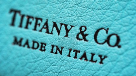 Foto de NUEVA YORK - FEBRERO, 2020: Logotipo de Tiffany & Co. impreso en un bolso de piel turquesa. Tiffany & Company es una joyería de lujo estadounidense y minorista especializada, con sede en la ciudad de Nueva York. - Imagen libre de derechos